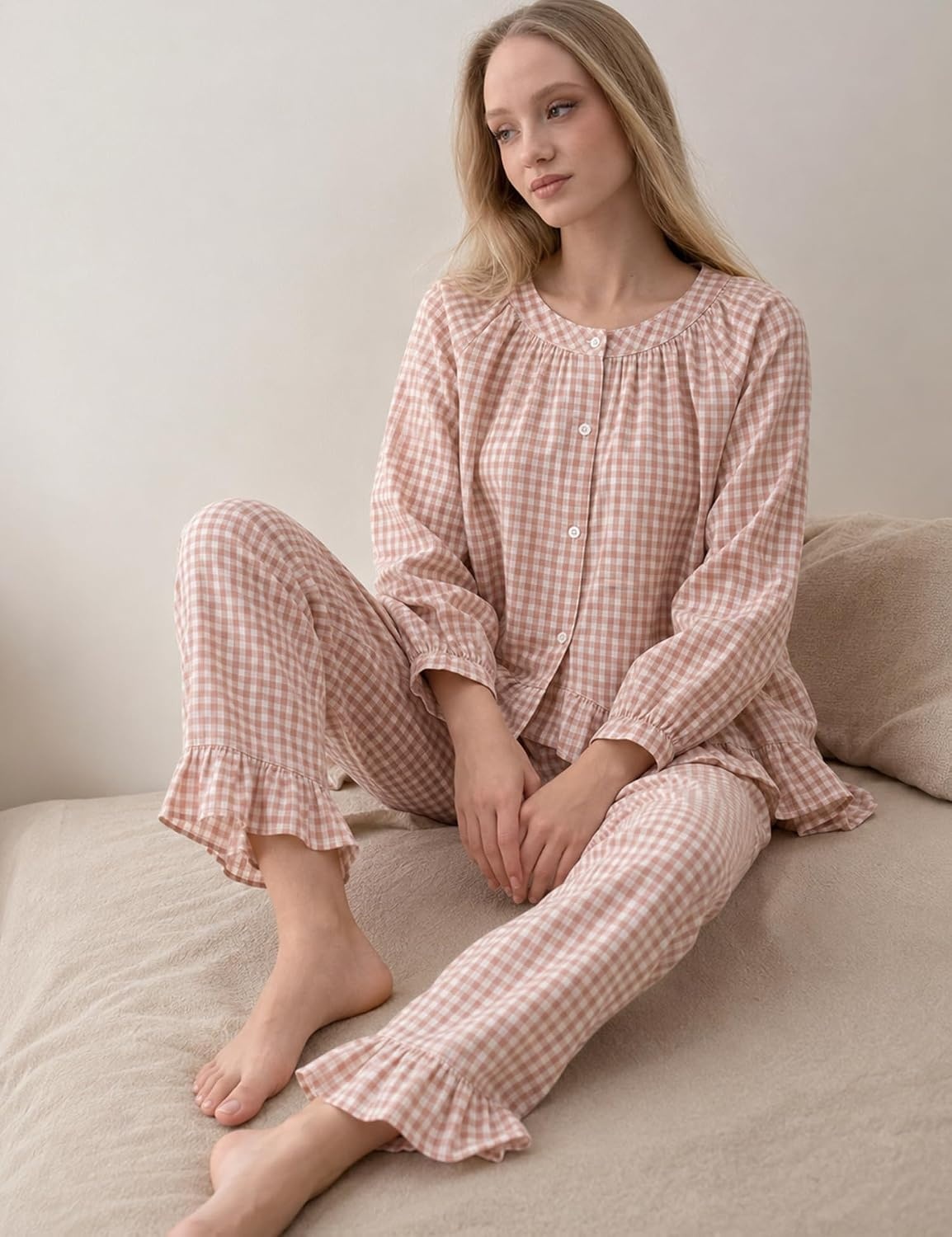 image:imageSWOMOG Womens 100 Cotton Ruffle Pajama SetBrown Plaid
