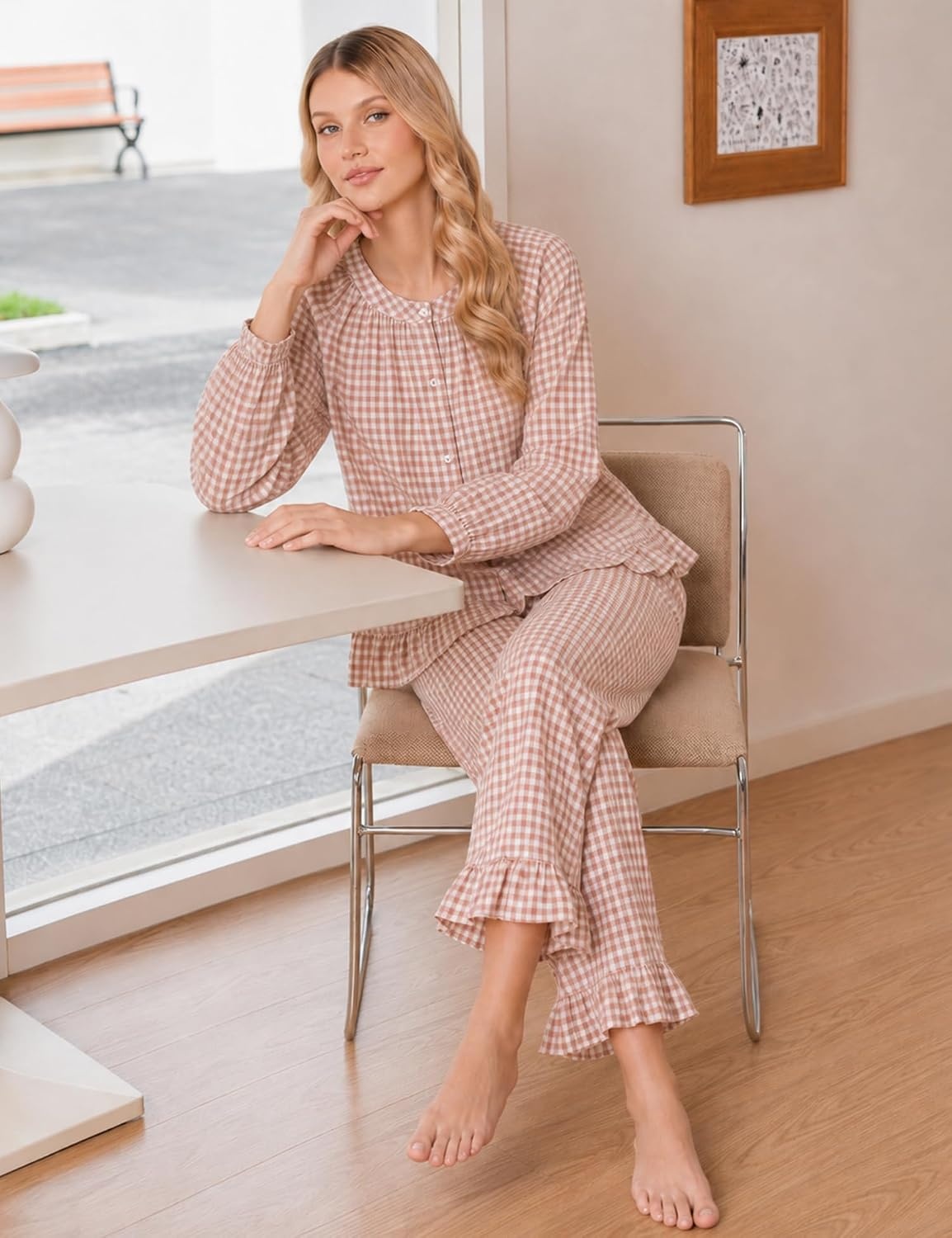 image:imageSWOMOG Womens 100 Cotton Ruffle Pajama SetBrown Plaid