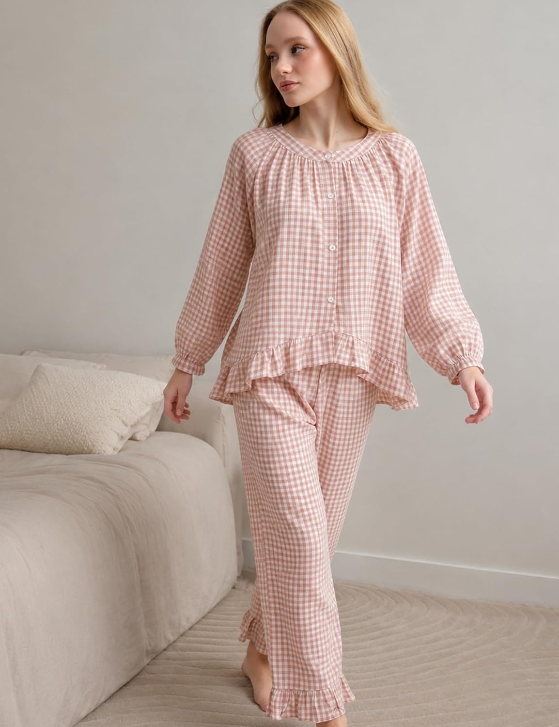 image:imageSWOMOG Womens 100 Cotton Ruffle Pajama SetBrown Plaid