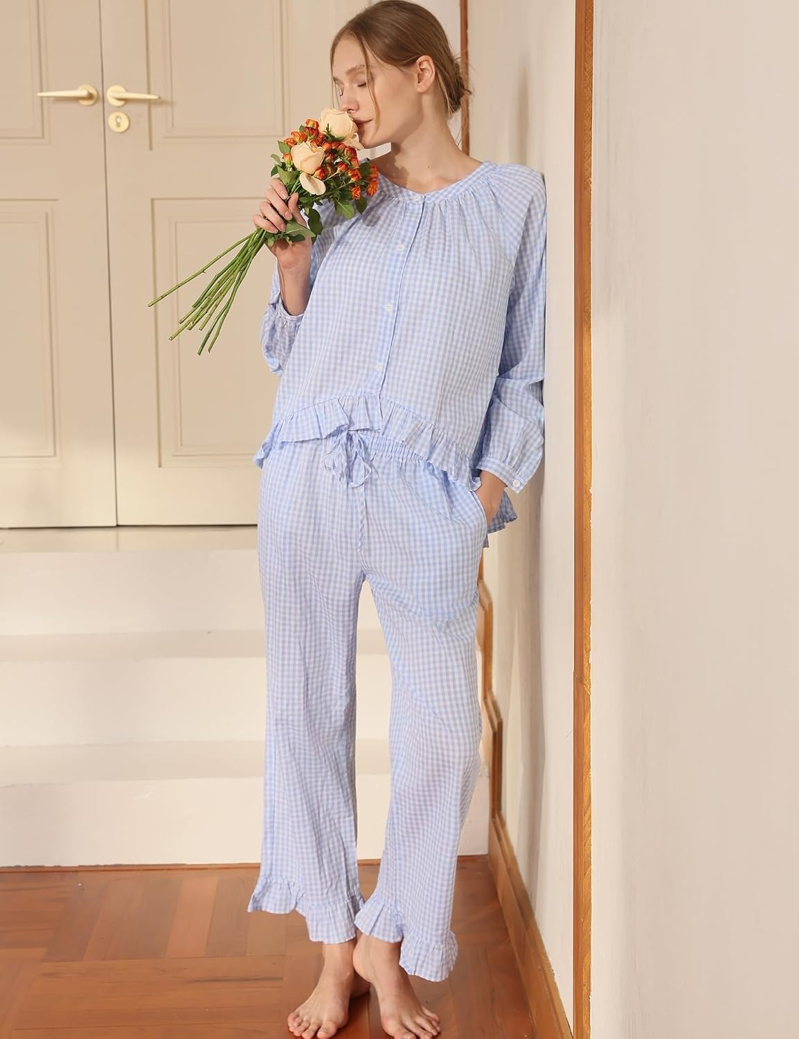 image:imageSWOMOG Womens 100 Cotton Ruffle Pajama SetLight Blue Plaid