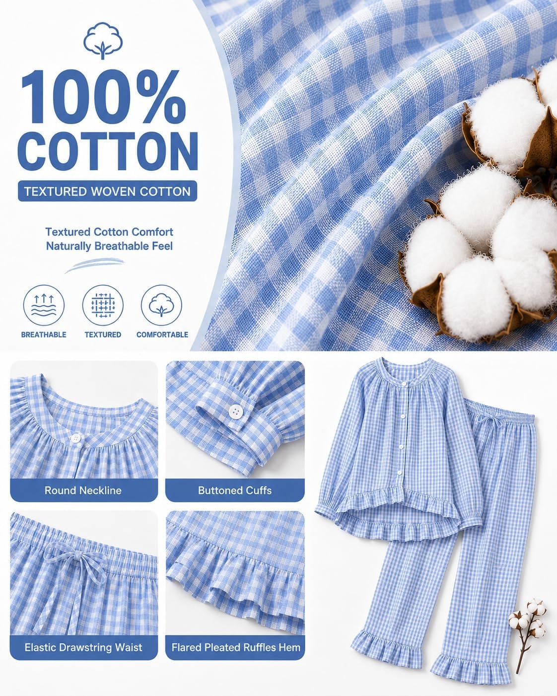 image:imageSWOMOG Womens 100 Cotton Ruffle Pajama SetLight Blue Plaid