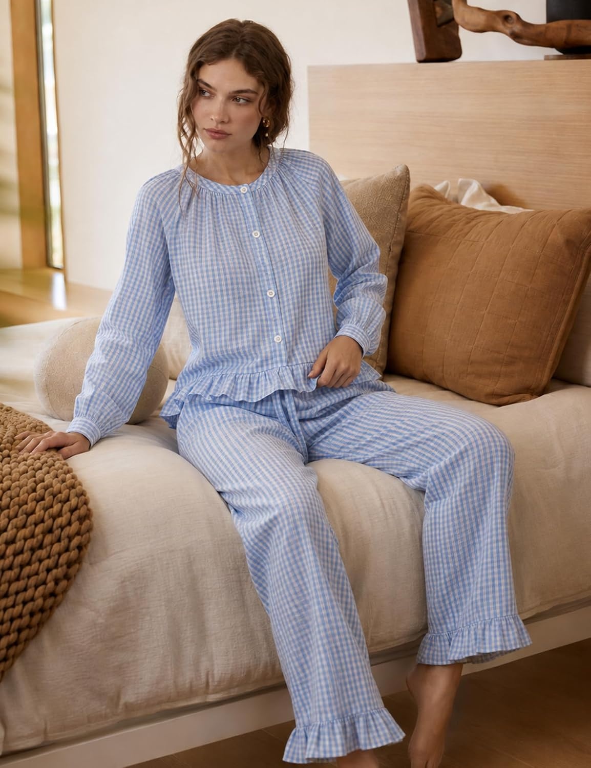 image:imageSWOMOG Womens 100 Cotton Ruffle Pajama SetLight Blue Plaid