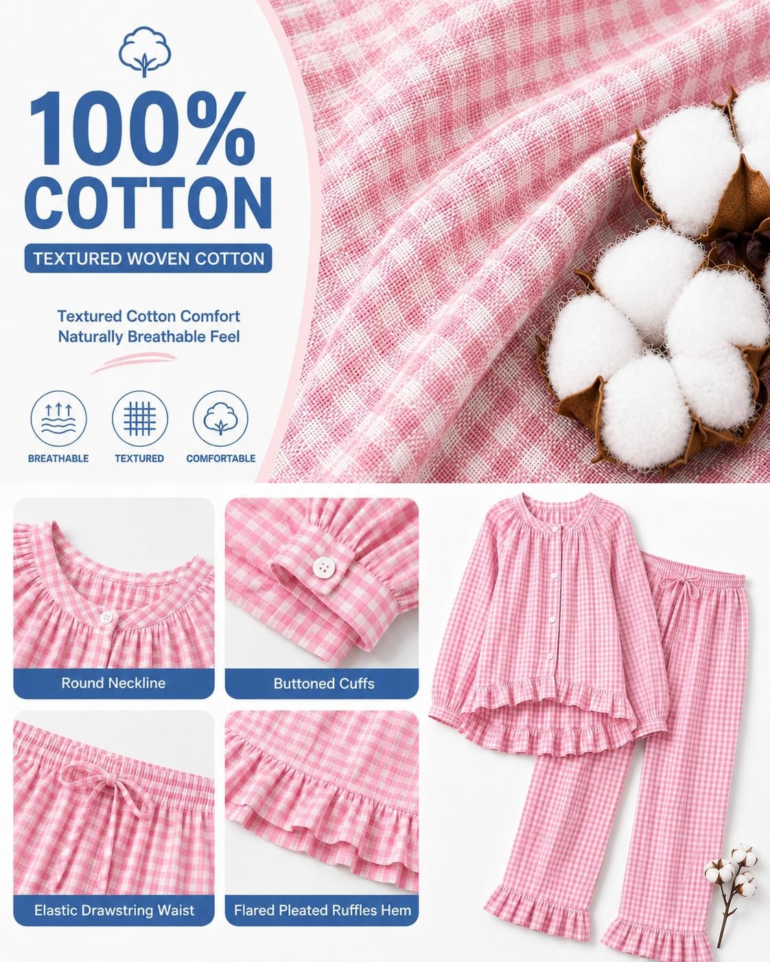 image:imageSWOMOG Womens 100 Cotton Ruffle Pajama SetPink Plaid