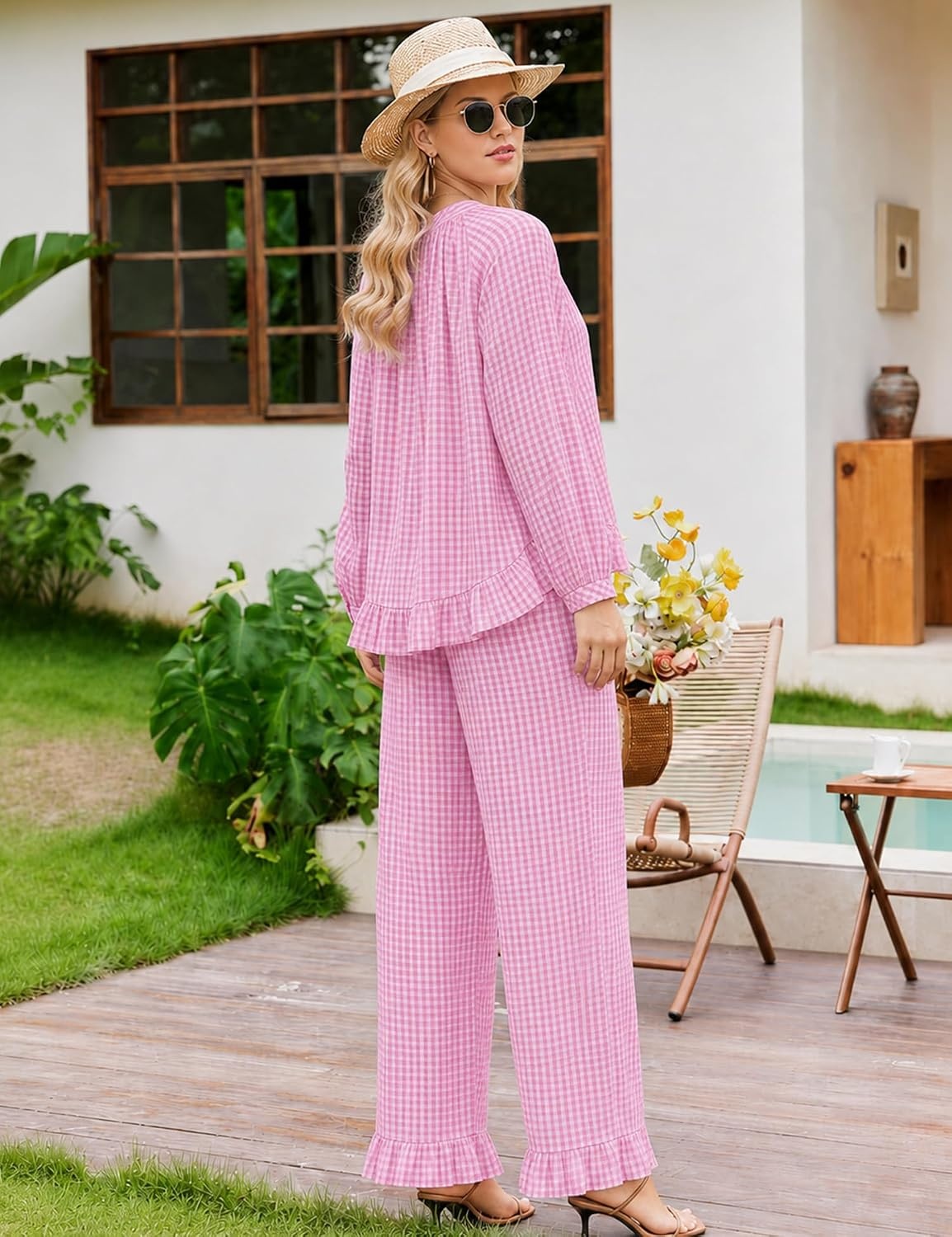 image:imageSWOMOG Womens 100 Cotton Ruffle Pajama SetPink Plaid