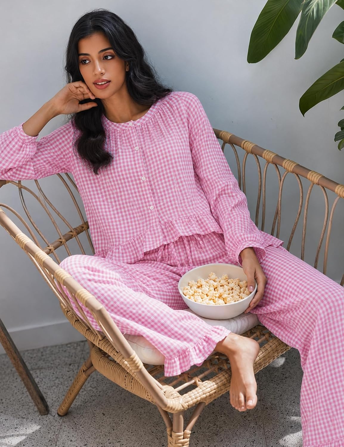 image:imageSWOMOG Womens 100 Cotton Ruffle Pajama SetPink Plaid