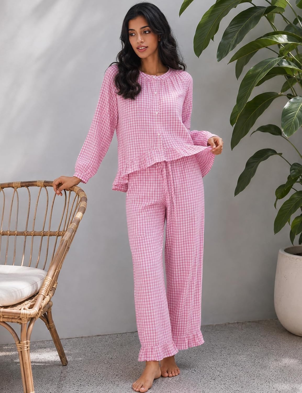 image:imageSWOMOG Womens 100 Cotton Ruffle Pajama SetPink Plaid