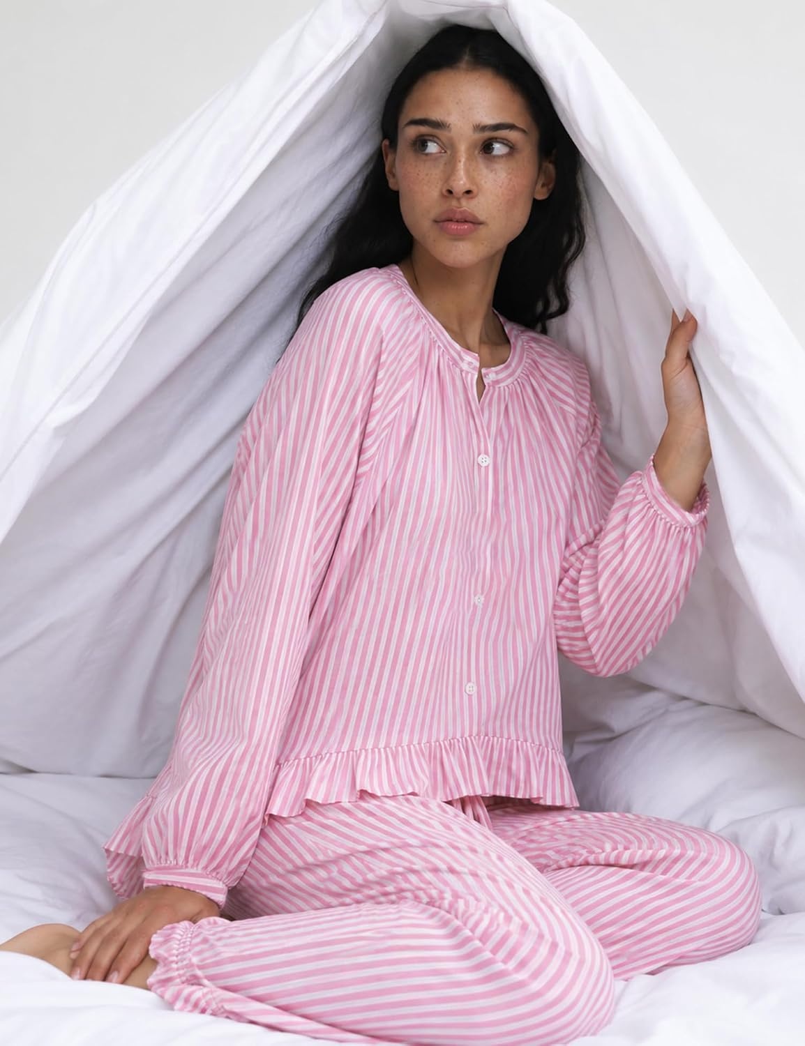 image:imageSWOMOG Womens 100 Cotton Ruffle Pajama SetPink Striped