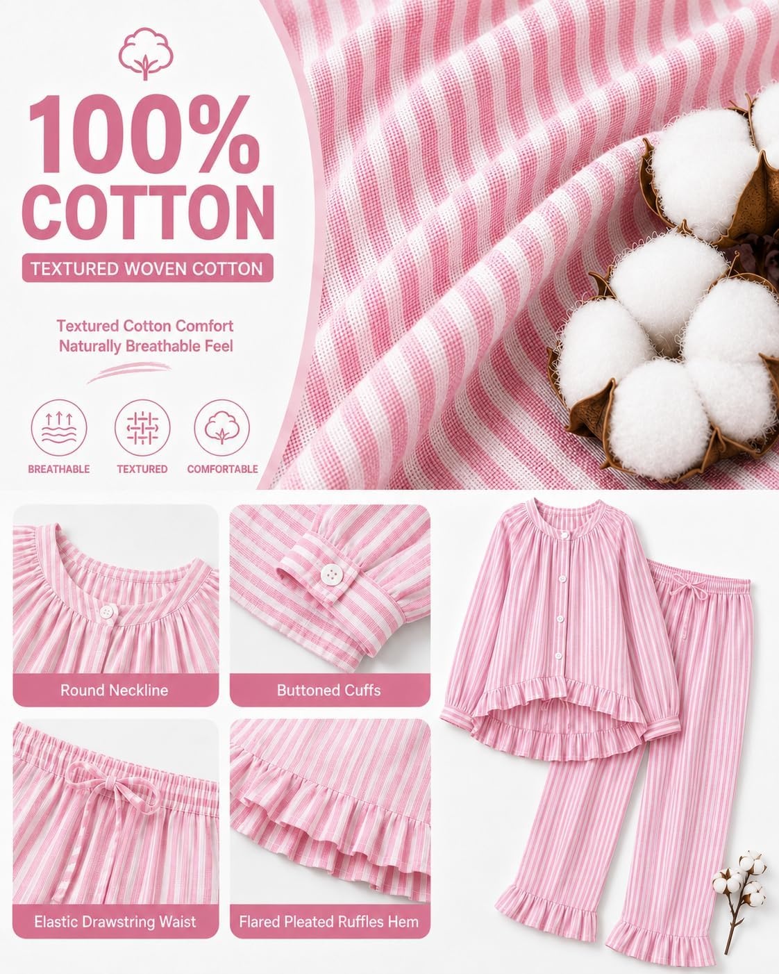 image:imageSWOMOG Womens 100 Cotton Ruffle Pajama SetPink Striped