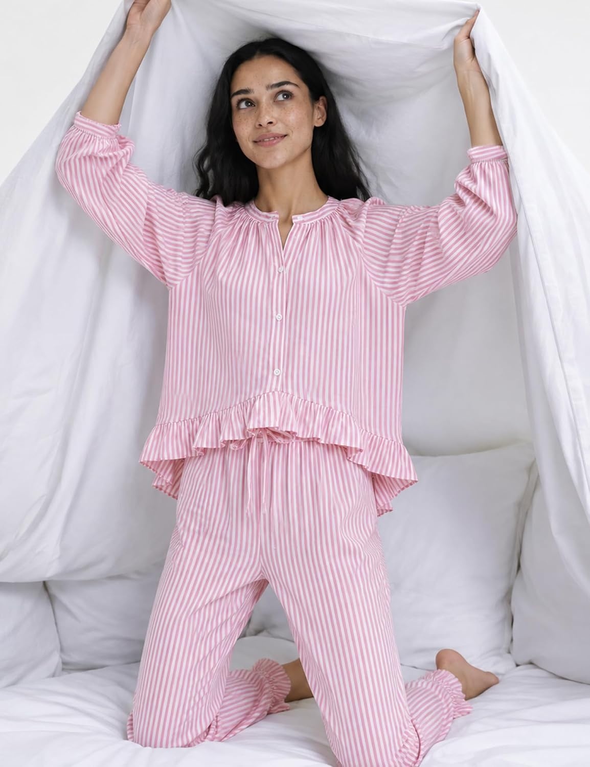 image:imageSWOMOG Womens 100 Cotton Ruffle Pajama SetPink Striped