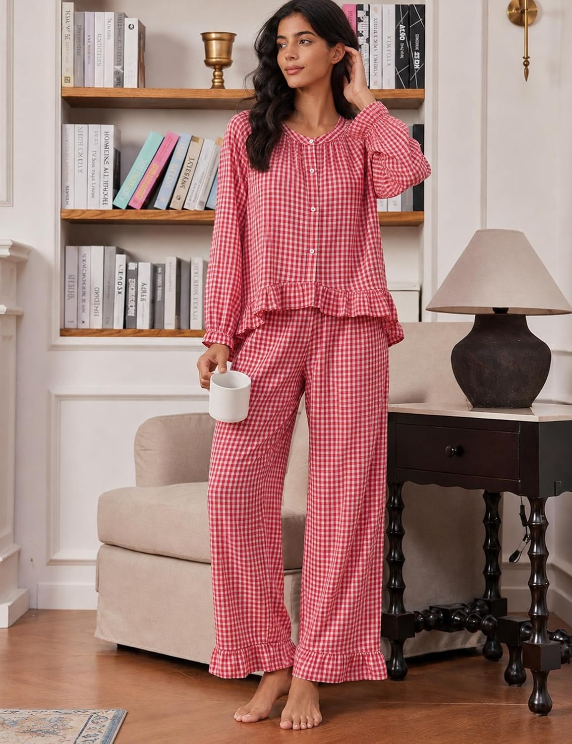 image:imageSWOMOG Womens 100 Cotton Ruffle Pajama SetRed White Plaid