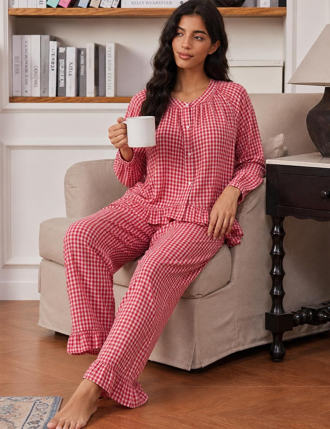image:imageSWOMOG Womens 100 Cotton Ruffle Pajama SetRed White Plaid