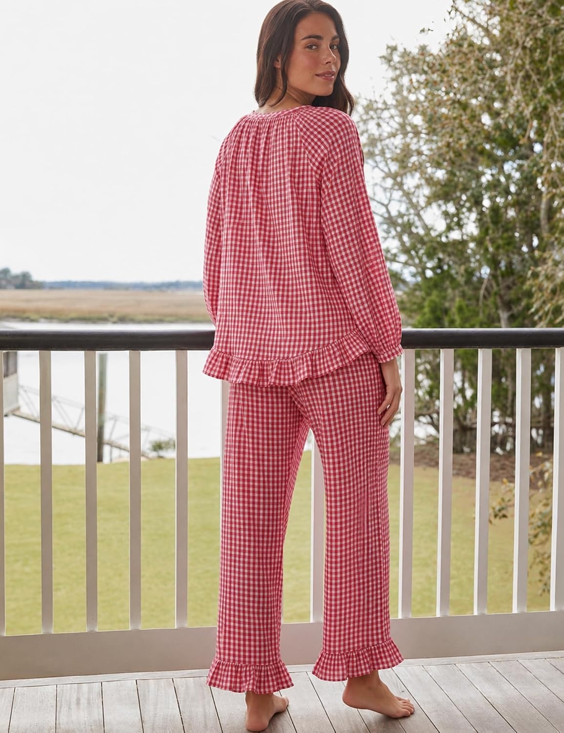 image:imageSWOMOG Womens 100 Cotton Ruffle Pajama SetRed White Plaid