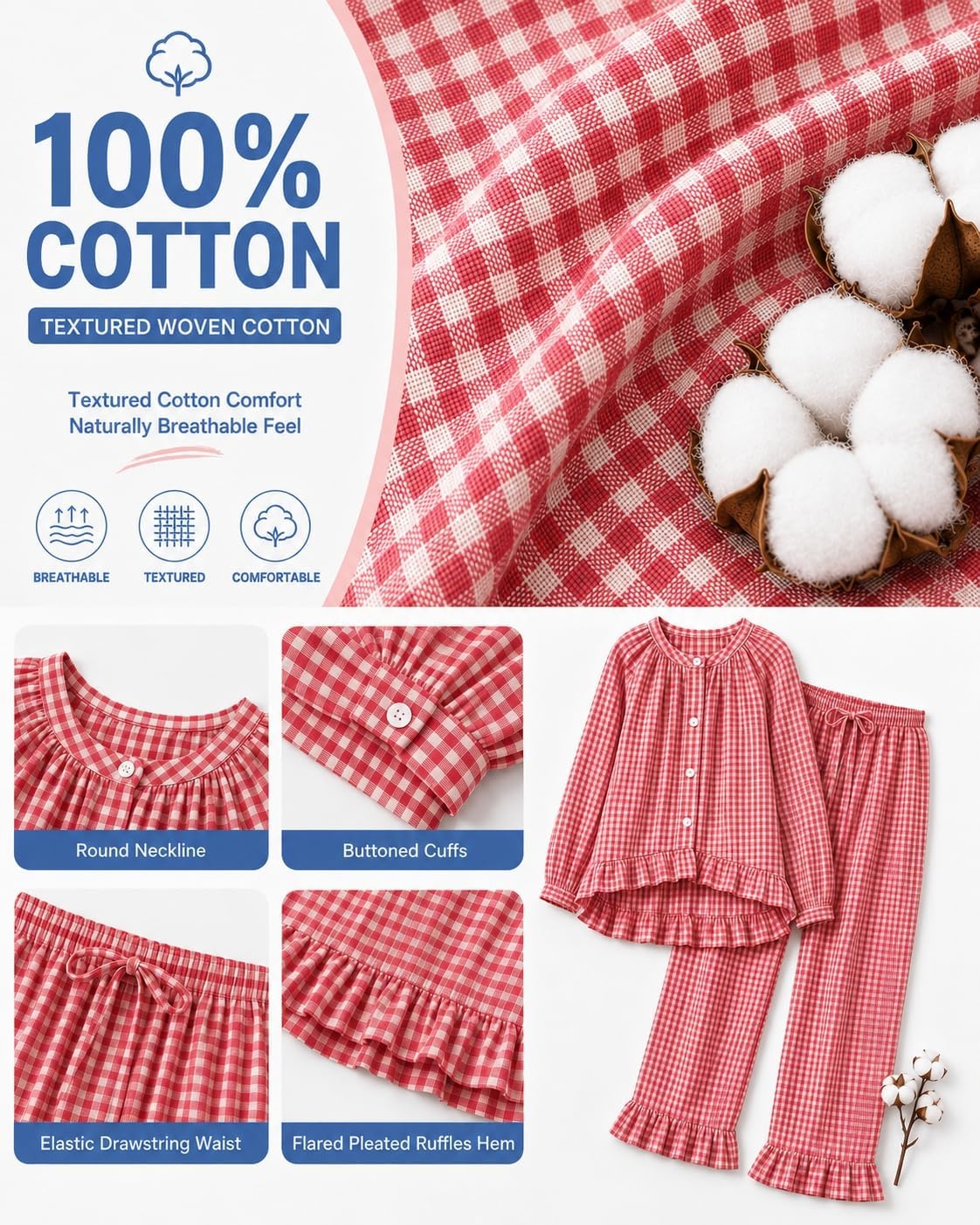 image:imageSWOMOG Womens 100 Cotton Ruffle Pajama SetRed White Plaid