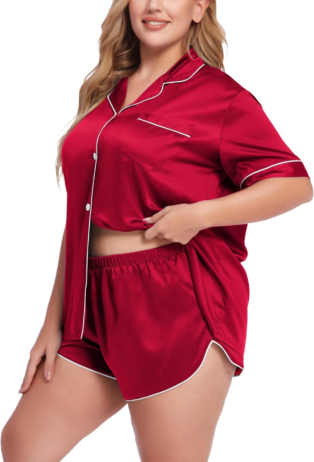 image:imageSWOMOG Womens Plus Size Satin Pajama Set Short Sleeve 2 piece Pj Sets Sleepwear Silk Button Down Loungewear Pjs Shorts SetRed