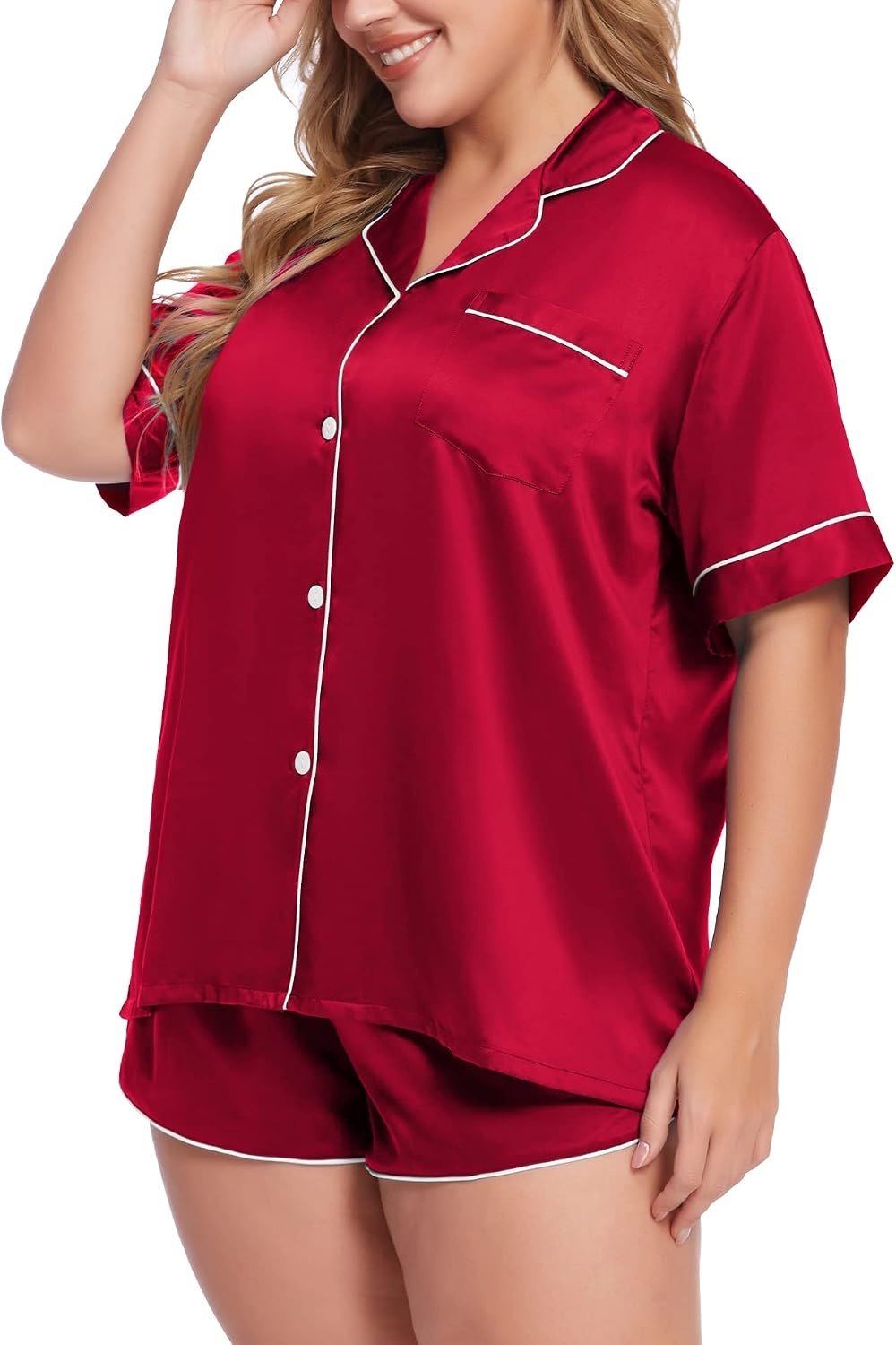 image:imageSWOMOG Womens Plus Size Satin Pajama Set Short Sleeve 2 piece Pj Sets Sleepwear Silk Button Down Loungewear Pjs Shorts SetRed
