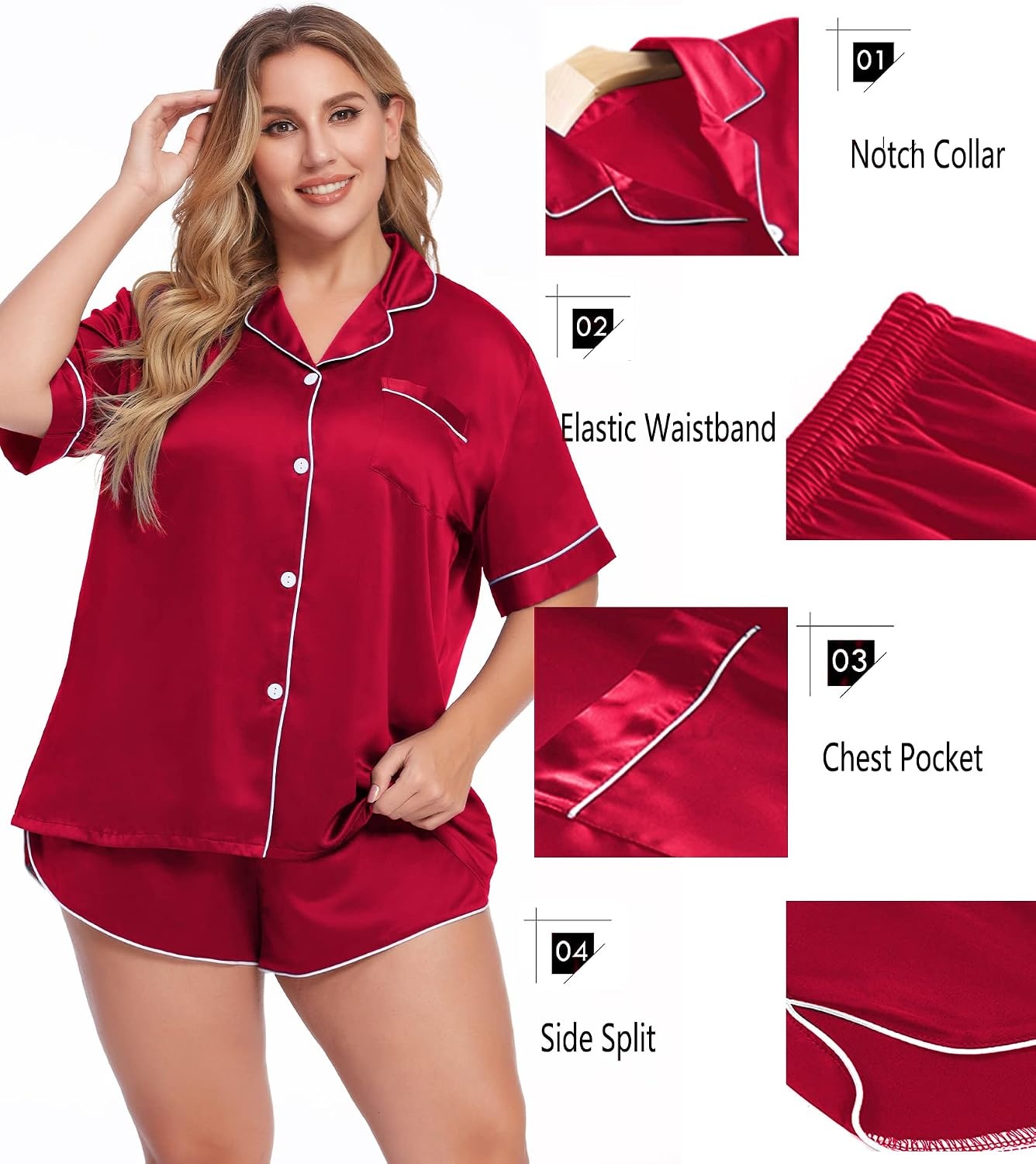 image:imageSWOMOG Womens Plus Size Satin Pajama Set Short Sleeve 2 piece Pj Sets Sleepwear Silk Button Down Loungewear Pjs Shorts SetRed