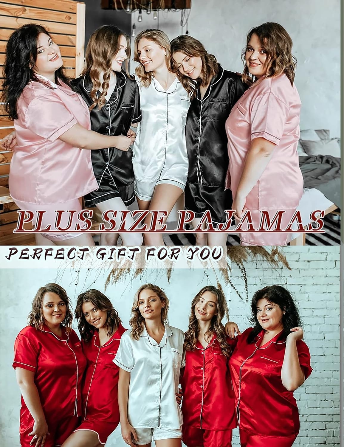 image:imageSWOMOG Womens Plus Size Satin Pajama Set Short Sleeve 2 piece Pj Sets Sleepwear Silk Button Down Loungewear Pjs Shorts SetRed