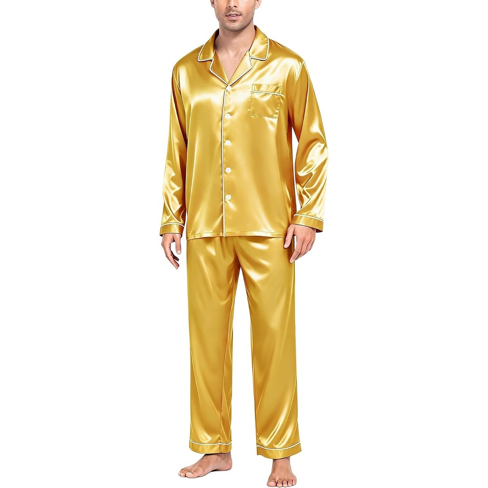 image:imageSWOMOG Mens Silk Satin Pajamas Set Long Sleeve Sleepwear ButtonDown Pj Twopiece Loungewear with Long Pants SXXLGold