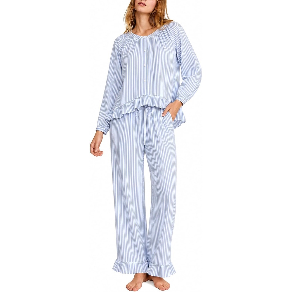 image:imageSWOMOG Womens 100 Cotton Ruffle Pajama SetBlue Striped