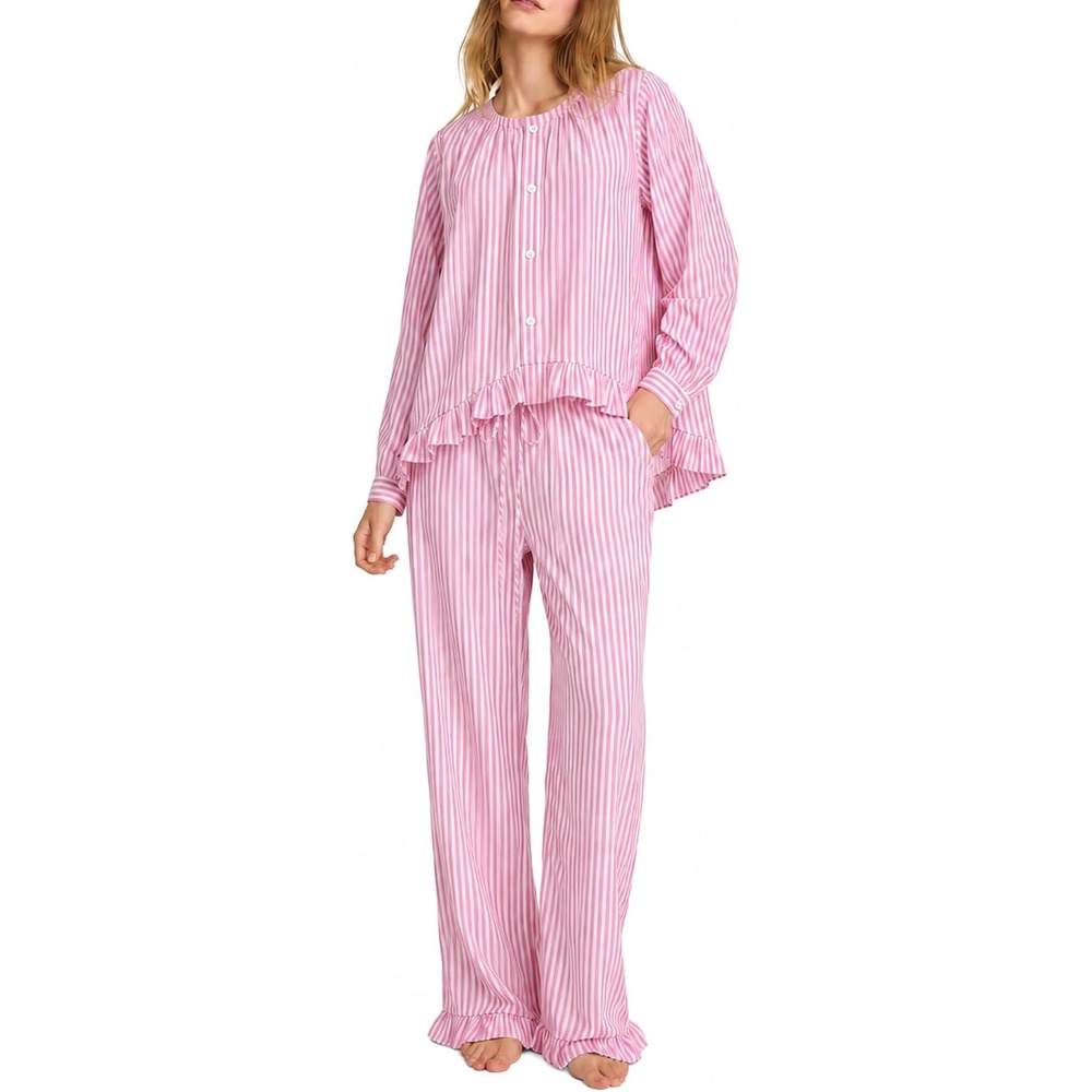 image:imageSWOMOG Womens 100 Cotton Ruffle Pajama SetPink Striped