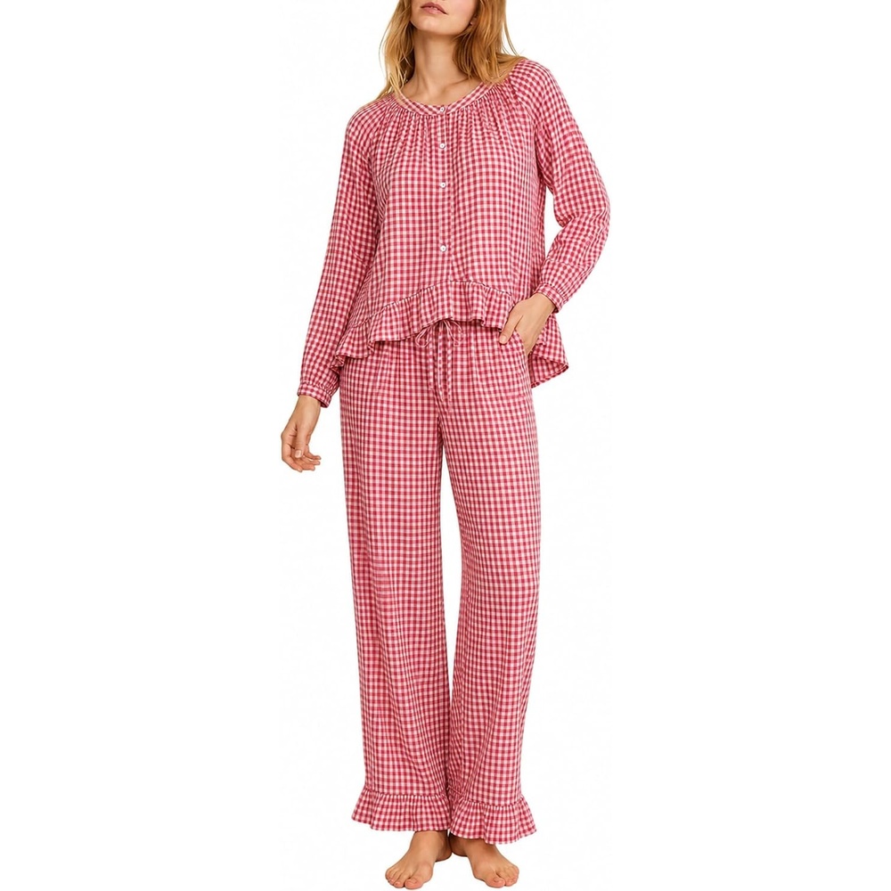image:imageSWOMOG Womens 100 Cotton Ruffle Pajama SetRed White Plaid