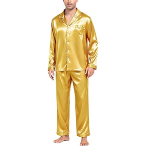 SWOMOG Mens Silk Satin Pajamas Set Long Sleeve Sleepwear Button-Down Pj Two-piece Loungewear with Long Pants S-XXL(Gold)