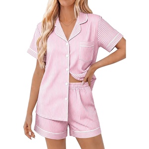 SWOMOG Women 2 Piece Pajamas Sets Short Sleeve Pj Sets Cute Printed Sleepwear Button Down Shirt with Lounge Shorts Set(Pink Striped)