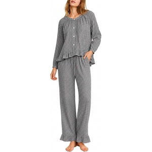 SWOMOG Women’s 100% Cotton Ruffle Pajama Set(Black White Plaid)