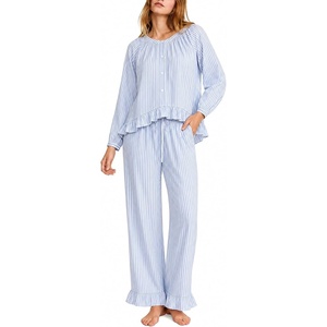 SWOMOG Women’s 100% Cotton Ruffle Pajama Set(Blue Striped)