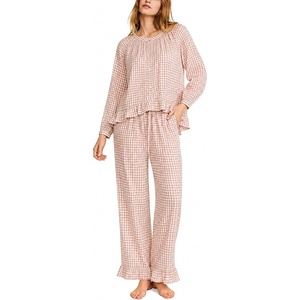 SWOMOG Women’s 100% Cotton Ruffle Pajama Set(Brown Plaid)