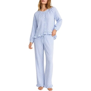 SWOMOG Women’s 100% Cotton Ruffle Pajama Set(Light Blue Plaid)