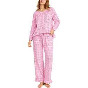 SWOMOG Women’s 100% Cotton Ruffle Pajama Set(Pink Plaid)