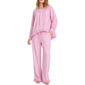 SWOMOG Women’s 100% Cotton Ruffle Pajama Set(Pink Striped)