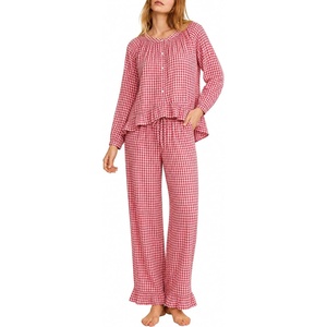 SWOMOG Women’s 100% Cotton Ruffle Pajama Set(Red White Plaid)