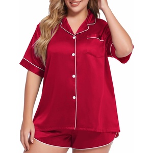 SWOMOG Women’s Plus Size Satin Pajama Set Short Sleeve 2 piece Pj Sets Sleepwear Silk Button Down Loungewear Pjs Shorts Set(Red)