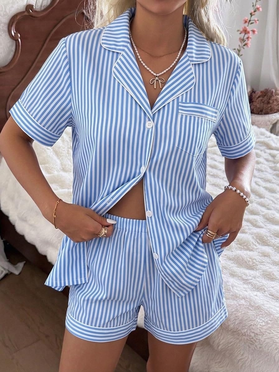 image:imageSWOMOG 100 Cotton Pajama Set For Women 2PCS Plaid Pjs Set Short Sleeve Shirts with Pockets Button Down Cute Loungewear Blue Stripe