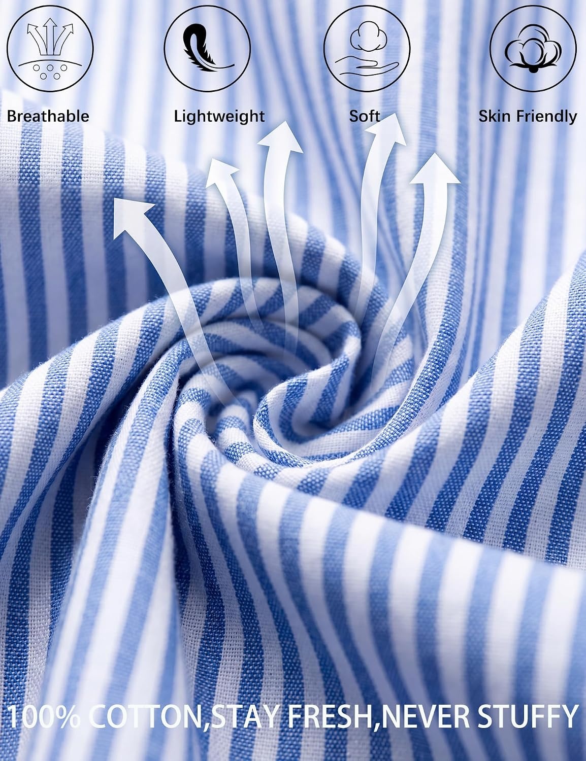 image:imageSWOMOG 100 Cotton Pajama Set For Women 2PCS Plaid Pjs Set Short Sleeve Shirts with Pockets Button Down Cute Loungewear Blue Stripe