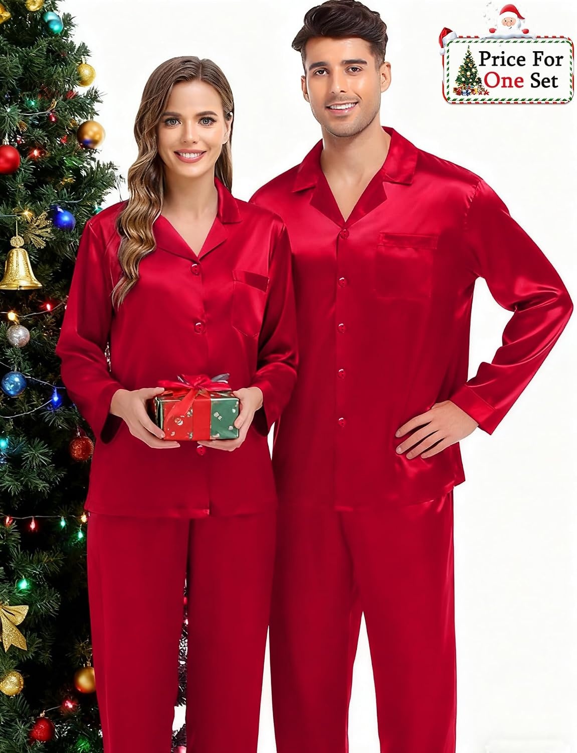 image:imageSWOMOG Couples Pajama Sets Men amp Women Satin Long Sleeve Sleepwear Silky Classic Button Down Soft Loungewear Pjs Set Women Pure Red XLarge