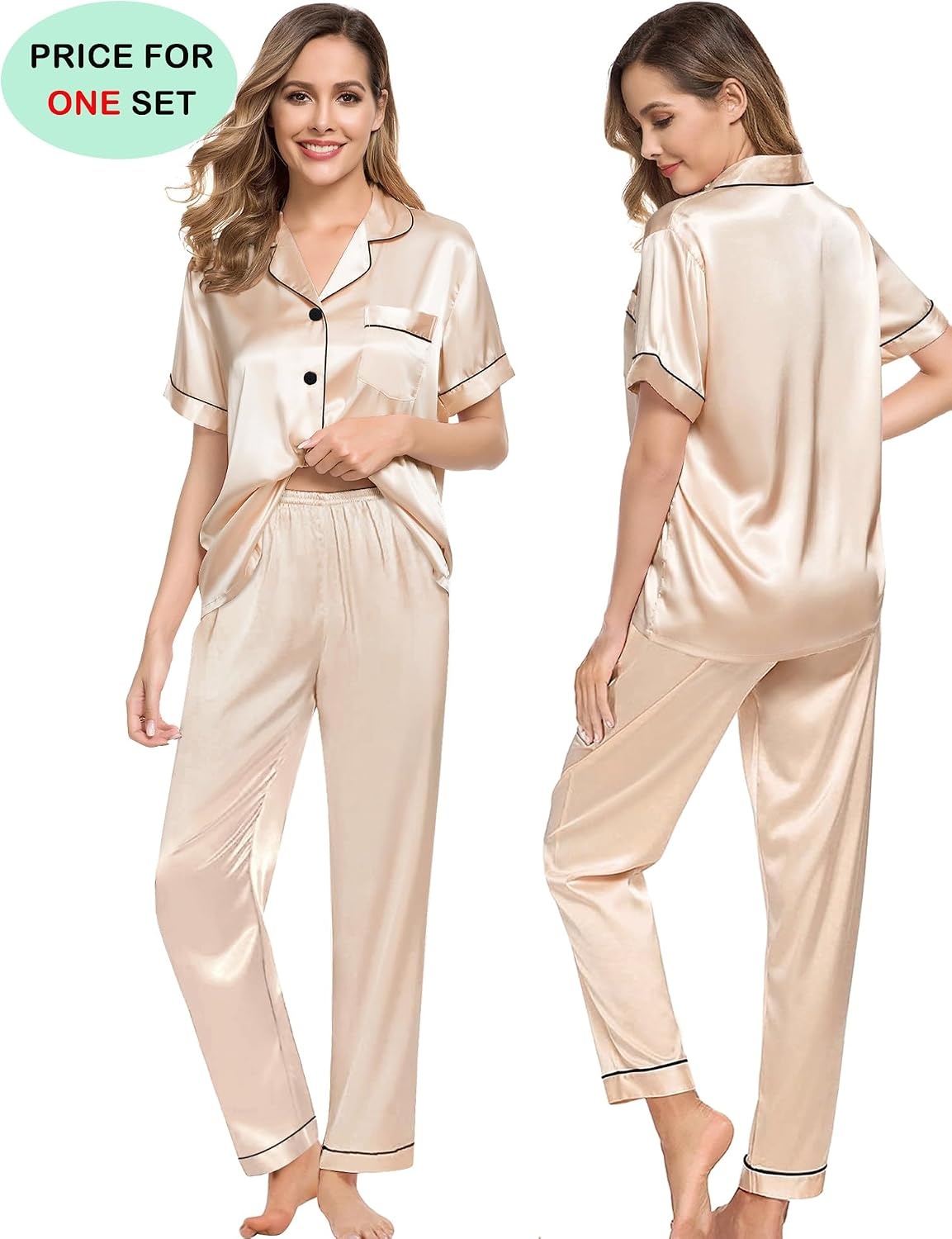 image:imageSWOMOG Couples Pajamas Sets Women amp Men Satin Short Sleeve Sleepwear Button Down Loungewear Pjs Set with Long Pants Women Champagne Large