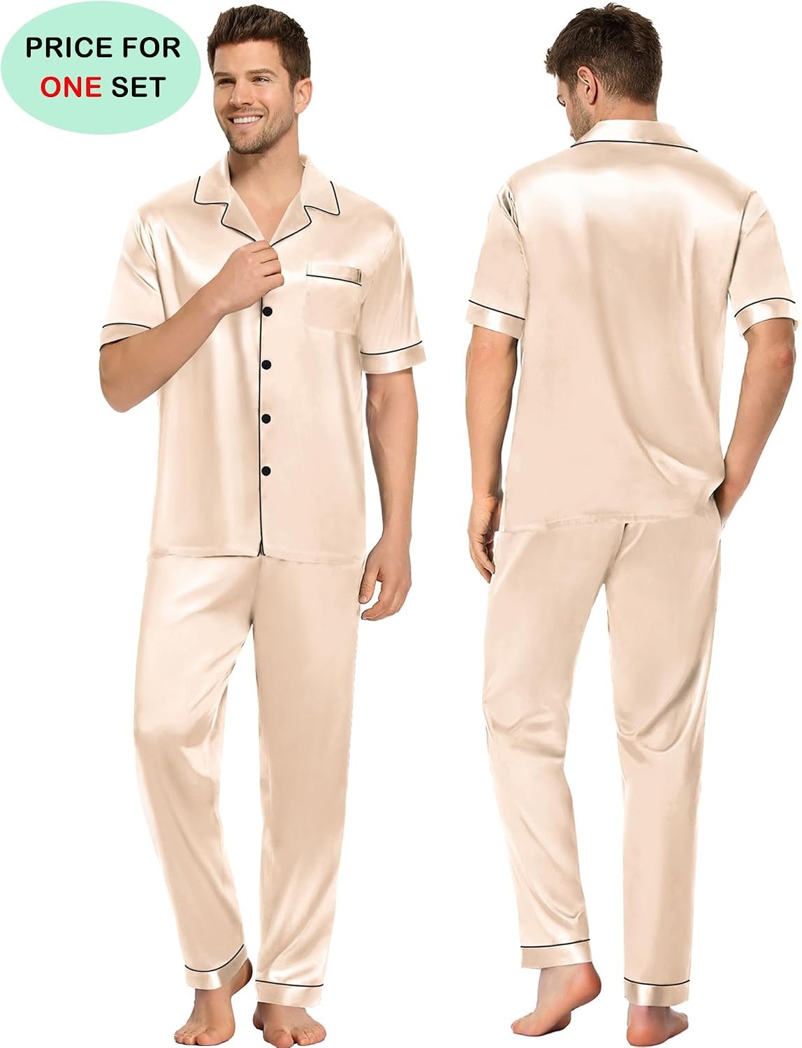 image:imageSWOMOG Couples Pajamas Sets Women amp Men Satin Short Sleeve Sleepwear Button Down Loungewear Pjs Set with Long Pants Women Champagne Large