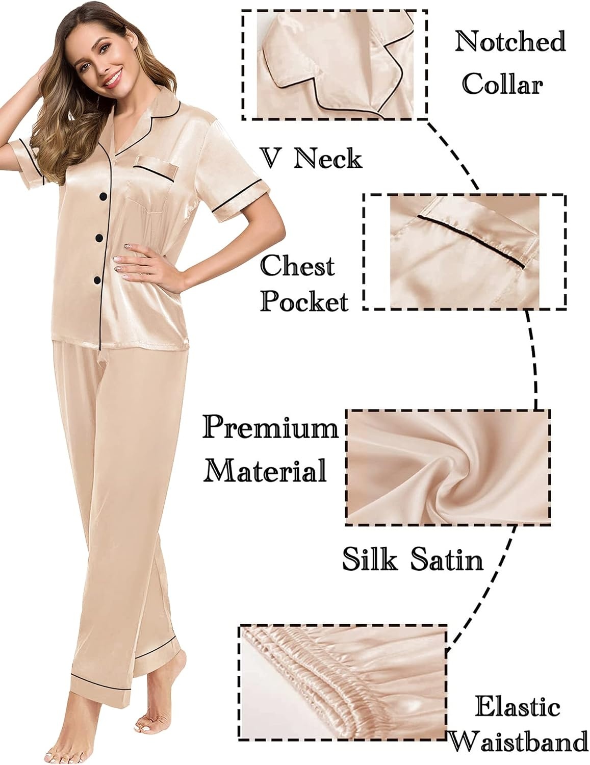 image:imageSWOMOG Couples Pajamas Sets Women amp Men Satin Short Sleeve Sleepwear Button Down Loungewear Pjs Set with Long Pants Women Champagne Large