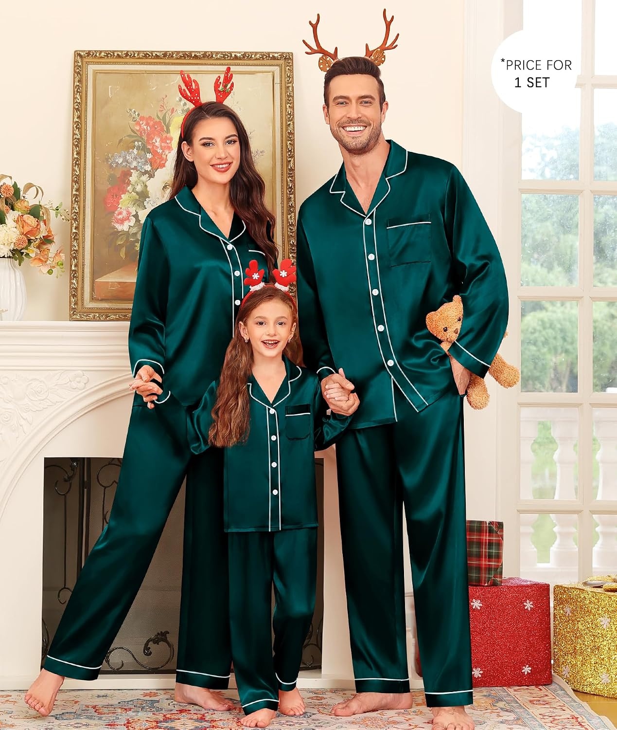 image:imageSWOMOG Family Matching Pajama Set Silky Satin Pajamas Long Sleeve Sleepwear Button Down Loungewear 2 Pcs Pj SetDeep Green 110Age for 45Y