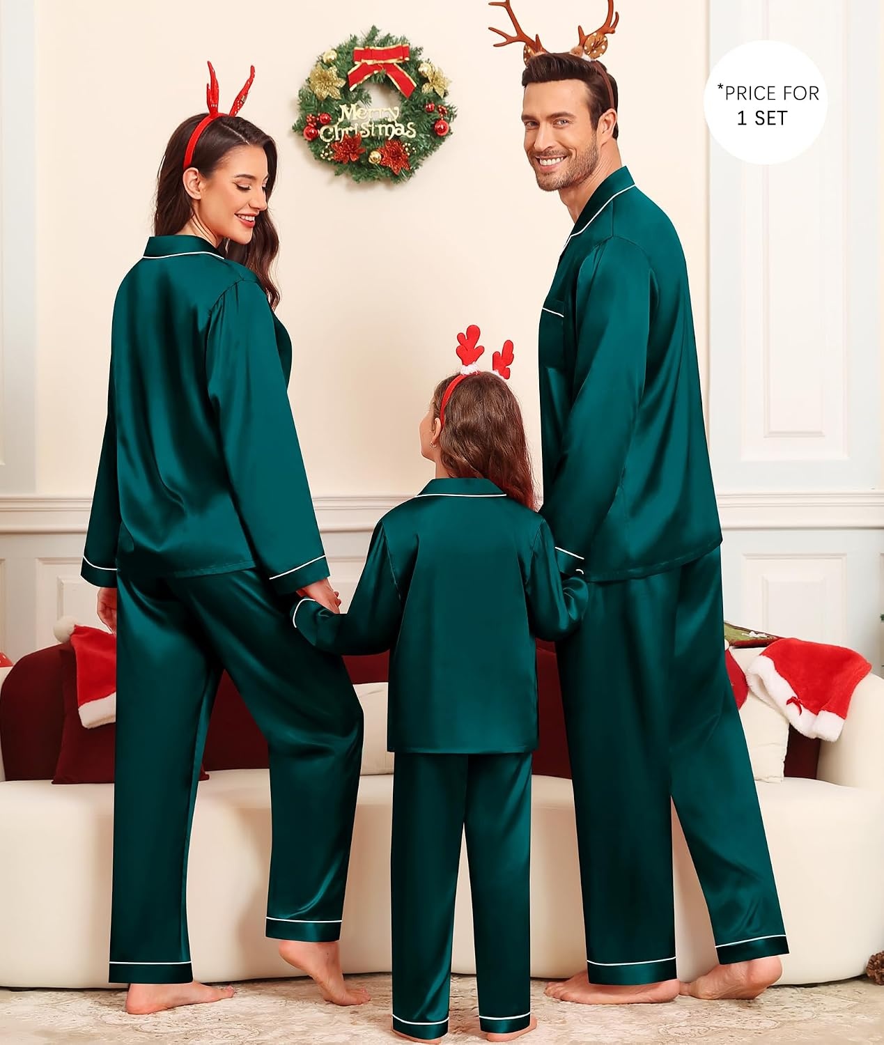 image:imageSWOMOG Family Matching Pajama Set Silky Satin Pajamas Long Sleeve Sleepwear Button Down Loungewear 2 Pcs Pj SetDeep Green 110Age for 45Y