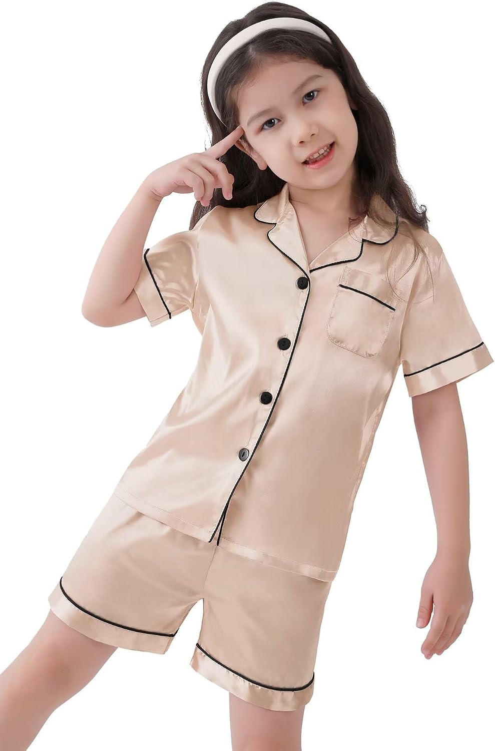 image:imageSWOMOG Kids Satin Pajamas Sets Girls Boys ButtonDown Pjs Short Sleeve Silk Nightwear 2 Piece Lounge Sets Champagne