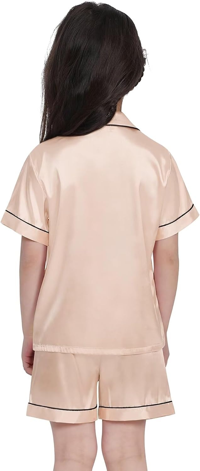 image:imageSWOMOG Kids Satin Pajamas Sets Girls Boys ButtonDown Pjs Short Sleeve Silk Nightwear 2 Piece Lounge Sets Champagne