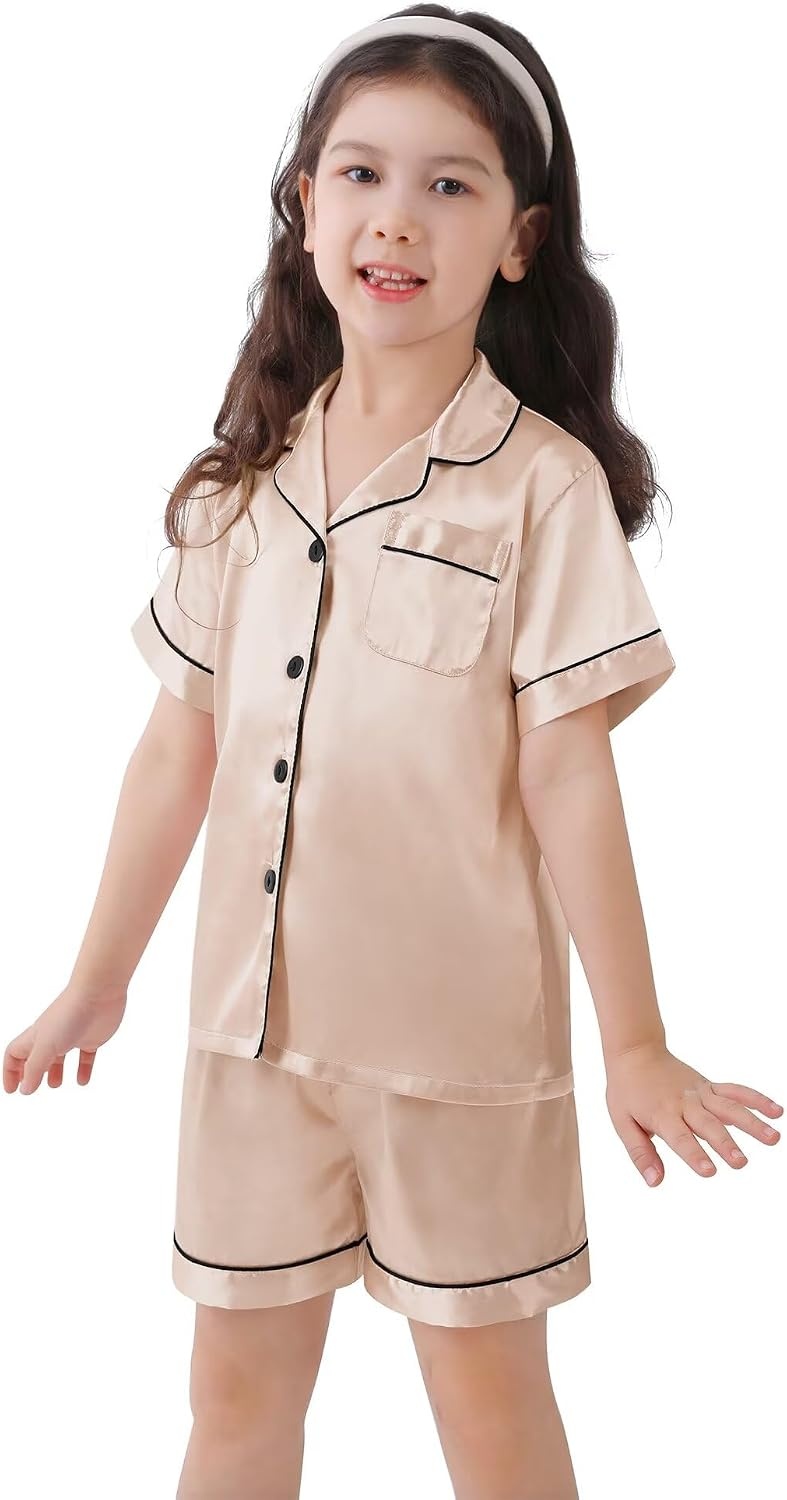 image:imageSWOMOG Kids Satin Pajamas Sets Girls Boys ButtonDown Pjs Short Sleeve Silk Nightwear 2 Piece Lounge Sets Champagne
