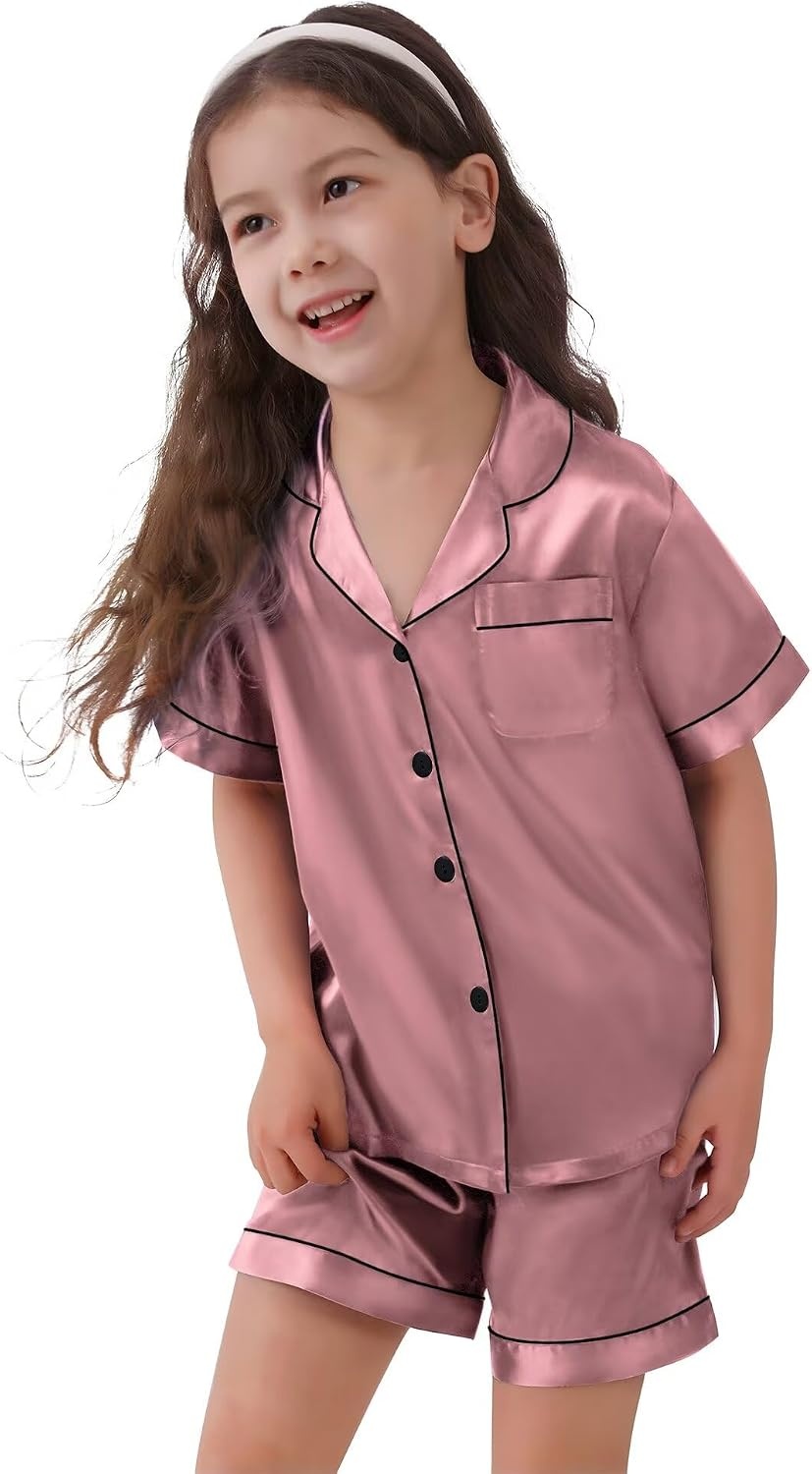 image:imageSWOMOG Kids Satin Pajamas Sets Girls Boys ButtonDown Pjs Short Sleeve Silk Nightwear 2 Piece Lounge Sets Misty Rose