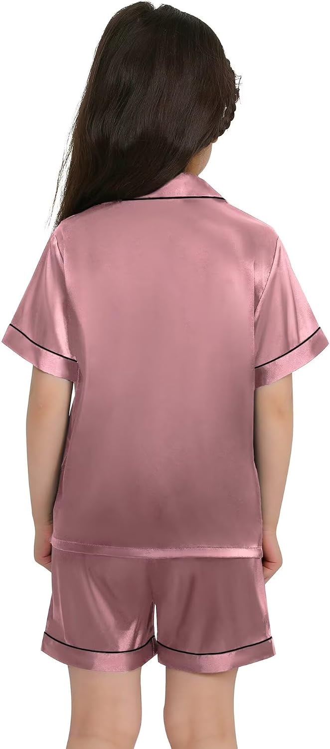 image:imageSWOMOG Kids Satin Pajamas Sets Girls Boys ButtonDown Pjs Short Sleeve Silk Nightwear 2 Piece Lounge Sets Misty Rose