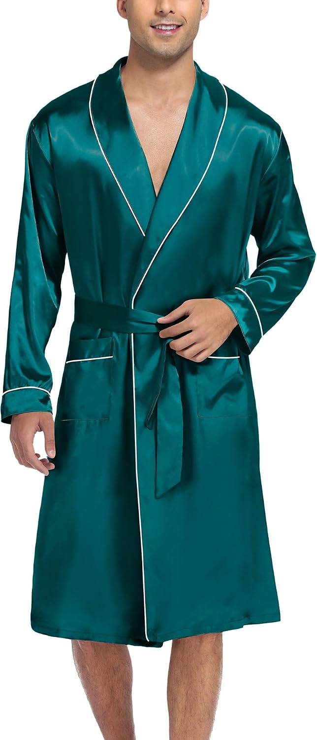 image:imageSWOMOG Mens Satin Robe Silky Kimono Bathrobe with Shorts Set Lightweight Soft Loungewear Nightwear0green