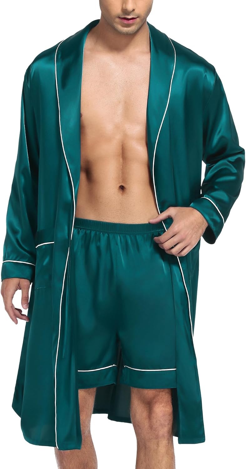 image:imageSWOMOG Mens Satin Robe Silky Kimono Bathrobe with Shorts Set Lightweight Soft Loungewear Nightwear0green